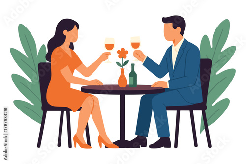 Man and woman sitting at restaurant table enjoying dinner and drinks together, flat vector illustration