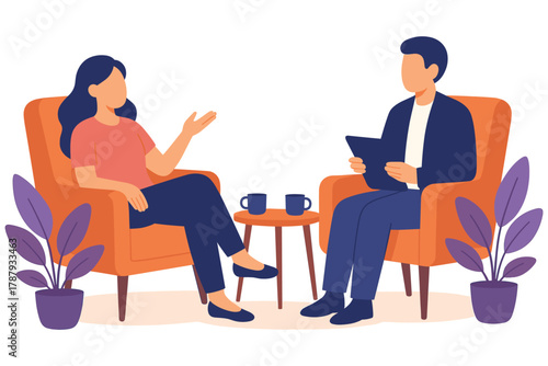 Man and woman sitting on chairs having conversation with coffee cups on table, flat vector illustration