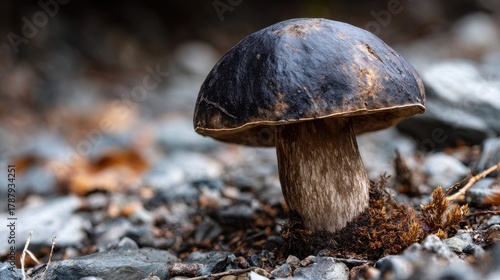 Image of a large inedible black mushroom found in nature known as Boletus aereus