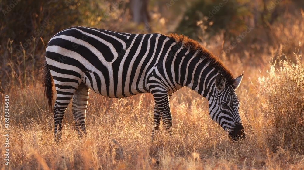 Naklejka premium A zebra feeding on brown grass in warm light its distinctive stripes standing out against the savannah
