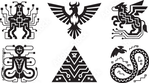 Aztec futuristic shapes with eagle griffin and snake in technological style art