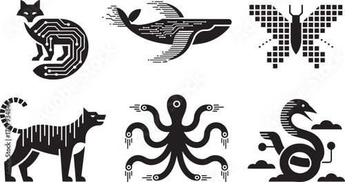 Circuit animals illustration including fox whale butterfly octopus and sea serpent