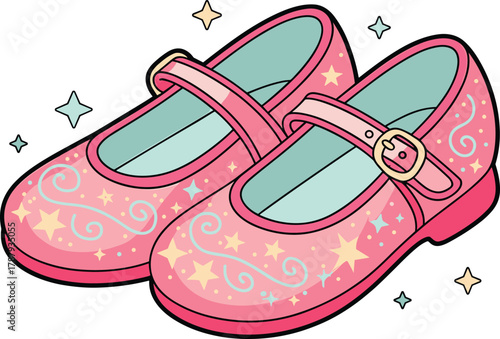 Cute Magical Pink Girl’s Mary Jane Shoes Vector Illustration