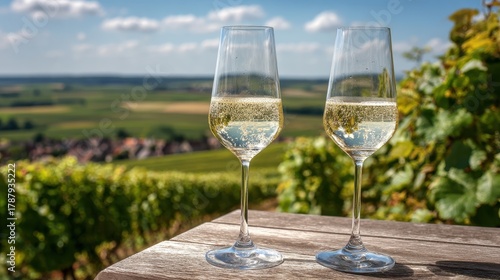 Sampling premium sparkling brut champagne in the sunlit vineyards of Cote des Blancs near Cramant and Avize France outdoors