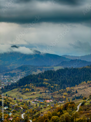 Misty Autumn Rain Clouds over Ukrainian Carpathian Mountains.