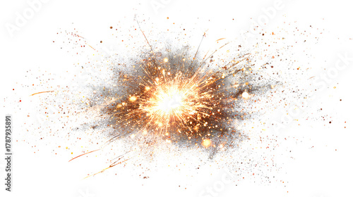 Bright firework explosion pattern with glowing trails and sparkles isolated on white background