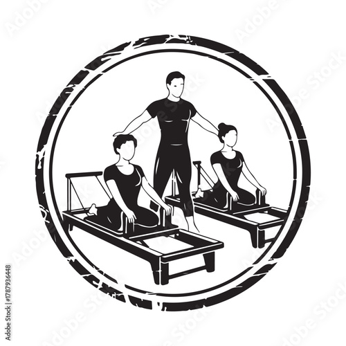 Pilates instructor supervising two students on reformer machines