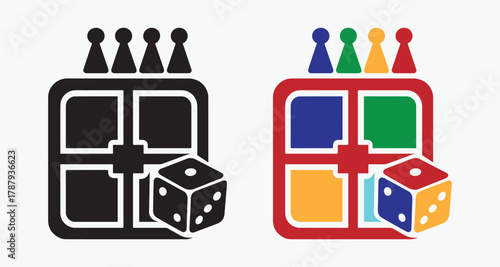 Board game icon graphic illustration with dice and colorful pieces