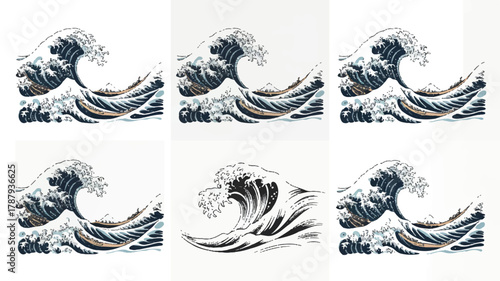 The great wave off kanagawa art is a set of six art pieces, each depicting the iconic wave with a unique artistic style