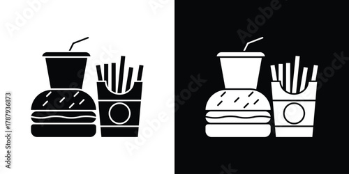 Fast food icon in solid silhouette set. Vector Illustration.