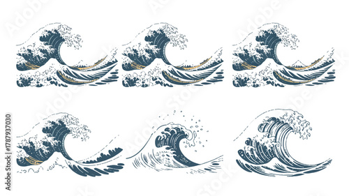 Six stylized ocean waves, showcasing the power and beauty of natures forces in a dynamic and visually appealing composition