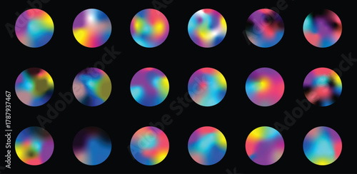 Cosmic mystic light planet logo elements. Round iridescent shiny fluid holographic texture space neon icons set. Bright rainbow color circles
