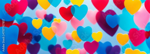 abstract background with many layered translucent hearts in various colors