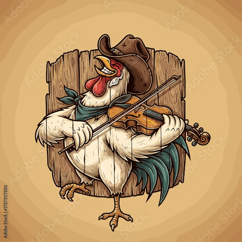 Cartoon Chicken Cowboy Serenading with Fiddle on Wooden Backdrop.