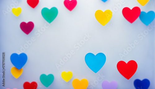 many bright colorful heart shapes on light surface