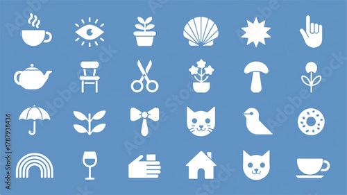 An assortment of white glyph icons on a blue background, featuring a teacup, eye, plant, shell, hand, teapot, chair, and scissors