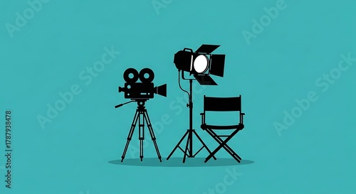 Film Set Illustration with Camera, Light, and Directors Chair on Teal Background.