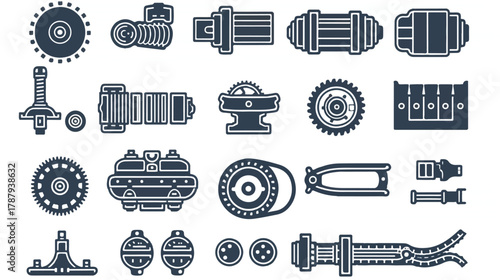 abstract engine internal parts icon set, line-based Collection of industrial mechanical parts and components, featuring gears, wheels, and various machine elements in detailed design