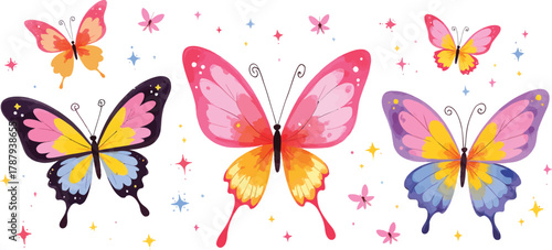 Colorful butterflies illustration with stars in pastel shades and white background
