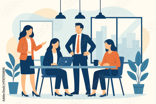 Team of business people having discussion and sharing ideas together during office meeting, flat vector illustration