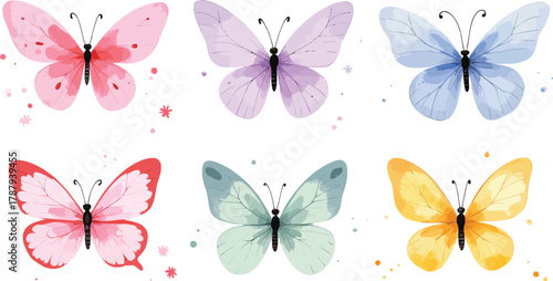 Watercolor butterfly collection with colorful wings in vector format illustration