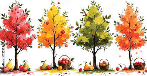 Watercolor Trees with Colorful Foliage and Fruit Harvest Illustration Art
