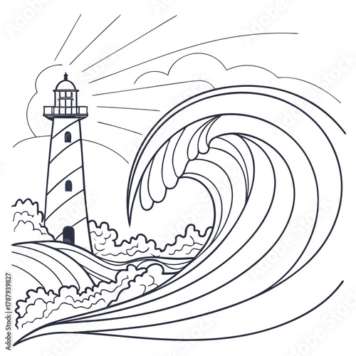 A seaside illustration featuring a lighthouse birds and rolling ocean waves