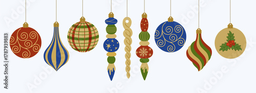 Set of christmas tree toys different shapes. Winter holiday decoration in retro style. Hand drawn vector vector illustration isolated on white background, flat cartoon style.