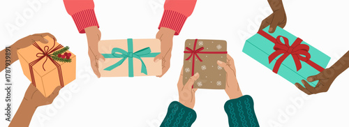 Diverse hands holding wrapped gift boxes. Presents decorated with ribbons and bows. People give and exchange presents. Hand drawn vector illustration isolated on white background, flat cartoon style.