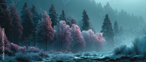 A serene forest landscape with mist and vibrant pink trees under soft light.