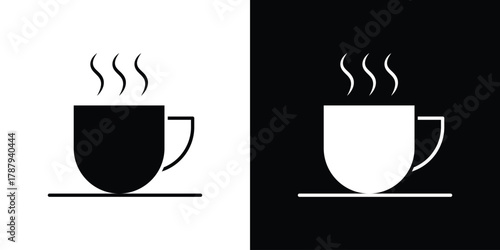 Hot coffee cup icon in solid silhouette set. Vector Illustration.