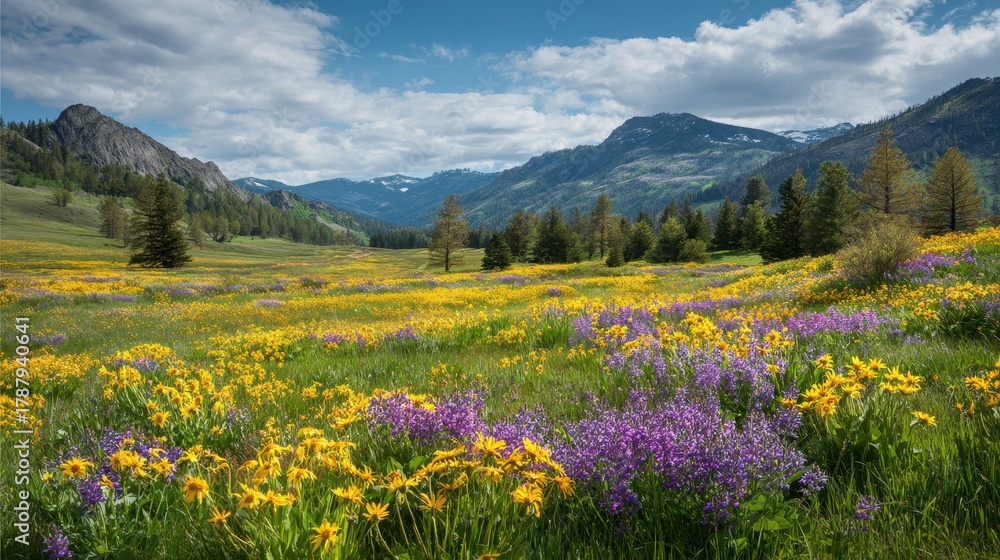 Obraz premium A lush mountain field shines with bright yellow and purple flowers showcasing pristine nature perfect for spring growth and beauty themes