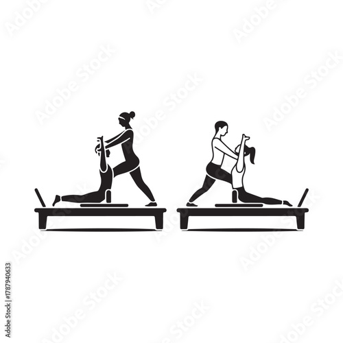 Two silhouettes of people practicing pilates on reformer machines