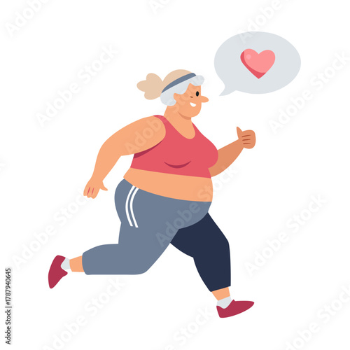 overweight, plus size old lady running, body positive concept, age positive, health conscious obese senior woman doing exercise

