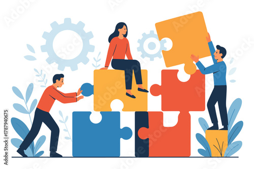 Team of people assembling large colorful puzzle pieces together representing teamwork collaboration problem solving and business connection concept flat vector illustration