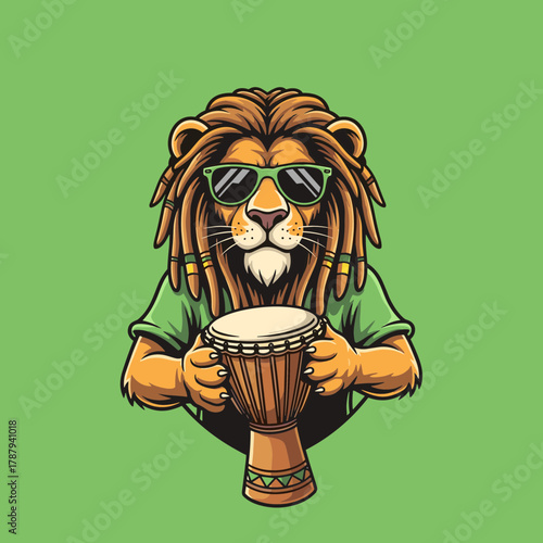 Lion with Dreadlocks Playing Djembe Drum in Reggae Style.