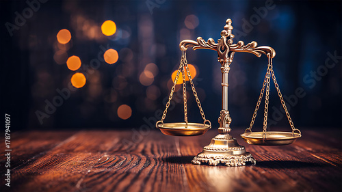 Classic vintage brass or golden scales of justice resting on a dark, polished wooden table with warm, blurred bokeh lights in the background symbolizing law, judgment, and morality.