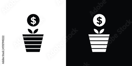 Investment tree icon in solid silhouette set. Vector Illustration.