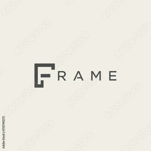 Minimalist logo design featuring the word FRAME with a stylized letter F.