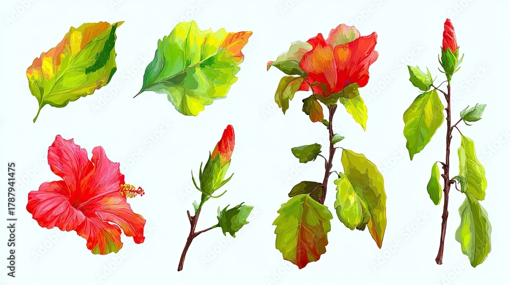 Obraz premium Botanical elements featuring vibrant red blossoms and various green foliage displayed on a white background