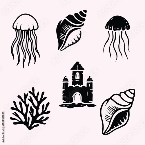 Underwater World Black and White Ocean Life Marine Vector Illustration