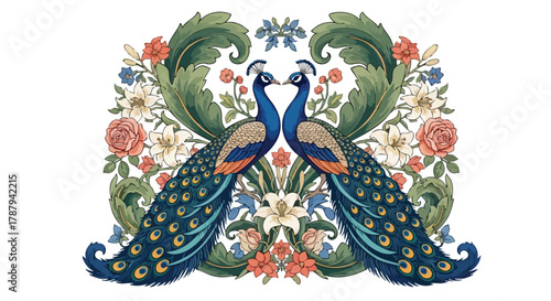 Exotic Peacock Couple Adorned with Lush Floral Embellishments in an Art Nouveau Style Illustration