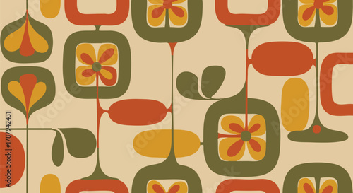 Retro Geometric Pattern Design with Mid-Century Modern Aesthetics and Abstract Floral Motifs
