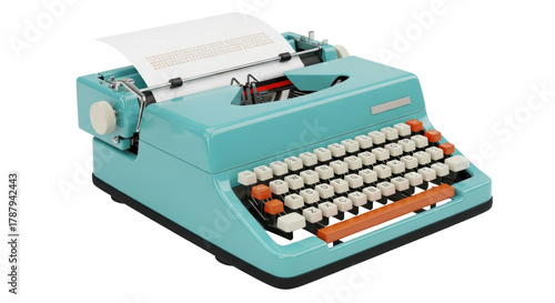Tableau sur toile Isolated light blue typewriter, vintage and old-fashioned, typing on a piece of