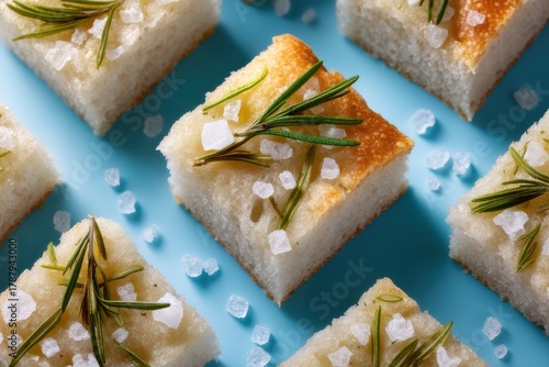 Artisan rosemary focaccia squares elegantly arranged on a vibrant turquoise background garnished with sea salt crystals and fresh herb accents showcasing culinary aesthetics