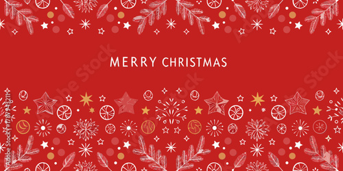 Festive merry christmas banner with hand drawn winter elements and stars on red background