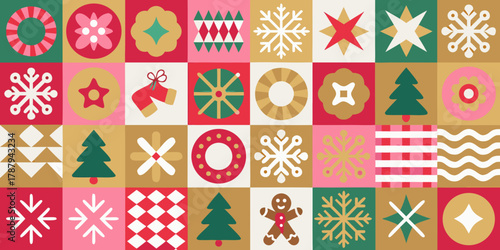 Retro geometric christmas pattern with festive icons and holiday motifs