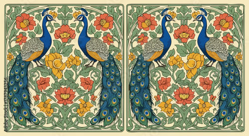 Art Nouveau Peacock Motif with Floral Embellishments and Intricate Border Design