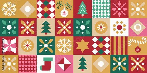 Retro christmas geometric pattern with festive icons and warm colors