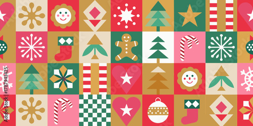 Retro geometric christmas pattern with festive holiday icons and a warm color palette
